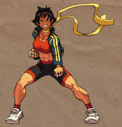 Rule 34 | 1girl, abs, alternate costume, bandages, bike shorts, black hair, breasts, brown eyes, capcom, clenched hands, crop top, dark-skinned female, dark skin, female focus, full body, jacket, jiggeh, makoto (street fighter), medium breasts, midriff, muscular, open clothes, open jacket, ribbon, scarf, shirt, shoes, short hair, sneakers, socks, solo, sports bra, street fighter, street fighter iii (series), tank top, taut clothes, taut shirt, tomboy, track jacket