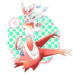 Rule 34 | aqua eyes, blush, claws, commentary request, creatures (company), eye contact, game freak, gen 3 pokemon, gen 6 pokemon, latias, legendary pokemon, looking at another, moka-momaka, nintendo, no humans, on head, open mouth, pokemon, pokemon (creature), pokemon on head, speech bubble, sylveon, tongue, yellow eyes