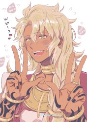 Rule 34 | 1boy, :d, arm tattoo, artist name, black nails, blonde hair, blush, bracelet, braid, dark-skinned male, dark skin, demon pillar (fate), double w, fang, fate/grand order, fate (series), flying sweatdrops, gold bracelet, hair over shoulder, hands up, heart, highres, jewelry, long hair, looking at viewer, male focus, neck ring, open mouth, ring, simple background, single braid, smile, solo, solomon (fate), tattoo, twitter username, upper body, w, wasabi (lxxxe), white background, yellow eyes