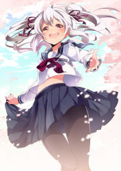 Rule 34 | 1girl, :d, ahoge, black pantyhose, blush, bow, cherry blossoms, cloud, day, flat chest, floating hair, from below, hair bow, hair ribbon, happy, highres, long hair, long sleeves, looking at viewer, midriff, navel, neckerchief, open mouth, orange eyes, original, outdoors, pantyhose, petals, pleated skirt, ribbon, school uniform, serafuku, shirt, skirt, skirt hold, sky, smile, solo, standing, thigh gap, twintails, umiko (munemiu), white hair