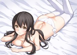 Rule 34 | 10s, 1girl, akagi (kancolle), ass, bad id, bad pixiv id, bokokichi (you), breast rest, breasts, brown eyes, brown hair, butt crack, highres, kantai collection, large breasts, legs up, long hair, lying, md5 mismatch, on stomach, panties, side-tie panties, solo, thighhighs, topless, underwear, white thighhighs