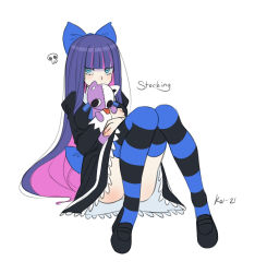 Rule 34 | 1girl, artist name, black dress, black footwear, blue bow, blue eyes, bow, dress, frilled dress, frills, full body, goth fashion, hair bow, highres, holding, koihorkka, looking at viewer, multicolored hair, panties, panty &amp; stocking with garterbelt, purple hair, shoes, signature, simple background, sitting, skull, solo, stocking (psg), striped clothes, striped thighhighs, stuffed toy, thighhighs, thighs, underwear, white background