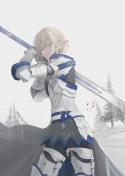 Rule 34 | 1boy, armor, armored boots, belt, belt buckle, blonde hair, boots, breastplate, brown belt, buckle, chihuri, closed mouth, commentary request, elezen, elf, final fantasy, final fantasy xiv, gauntlets, green eyes, hair between eyes, highres, holding, holding sword, holding weapon, male focus, outdoors, overcast, pauldrons, pointy ears, shoulder armor, sky, snow, solo, sword, tree, weapon, zephirin de valhourdin