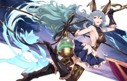 Rule 34 | 10s, 1girl, animal ears, aqua hair, bad id, bad twitter id, bare back, bare shoulders, boots, breasts, brown eyes, erune, ferry (granblue fantasy), gloves, granblue fantasy, high heels, large breasts, sideboob, solo, thighhighs, touzai (poppin phl95), whip