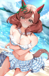 Rule 34 | 1girl, alternate costume, animal ears, arms under breasts, bare shoulders, beach, between breasts, bikini, blue bikini, blue sky, blush, breasts, brown eyes, cleavage, closed mouth, cloud, cloudy sky, collarbone, commentary, cow, cowboy shot, ear covers, embarrassed, frilled bikini, frills, groin, highres, horse ears, horse girl, horse tail, looking at viewer, medium breasts, medium hair, misoni (mi so ni t), multicolored hair, navel, nice nature (umamusume), ocean, outdoors, plaid, plaid bikini, red hair, sand, sky, solo, strap between breasts, streaked hair, swimsuit, tail, twintails, umamusume, water