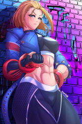Rule 34 | 1girl, abs, blonde hair, blue eyes, breasts, brick wall, cammy white, crop top, fingerless gloves, gloves, highres, large breasts, lips, long sleeves, pants, robarts hallway, short hair, street fighter, street fighter 6