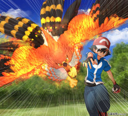 Rule 34 | 1boy, ash ketchum, baseball cap, black hair, blue jacket, blush, brown eyes, cloud, coffee-break, commentary request, creatures (company), day, emphasis lines, fingerless gloves, fire, game freak, gen 6 pokemon, gloves, grass, hat, highres, holding, holding poke ball, jacket, male focus, nintendo, open mouth, outdoors, pants, poke ball, poke ball (basic), pokemon, pokemon (anime), pokemon (creature), pokemon xy (anime), red footwear, red headwear, shirt, shoes, short hair, sky, talonflame, teeth, tongue, tree