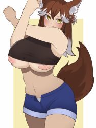 Rule 34 | 1girl, absurdres, animal ear fluff, animal ears, black skirt, blue shorts, blush, borrowed character, breasts, brown hair, closed mouth, commentary request, commission, cowboy shot, cross-body stretch, crossed bangs, grey hair, hair between eyes, highres, inverted nipples, large breasts, long hair, looking at viewer, medium bangs, nipple slip, nipples, open fly, original, short shorts, shorts, simple background, skeb commission, skirt, slit pupils, smile, solo, tail, two-tone background, underboob, white background, wolf ears, wolf girl, wolf tail, yellow background, yellow eyes, yokuaka