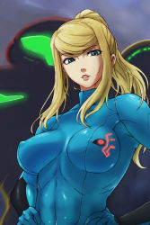 Rule 34 | 1girl, blonde hair, blue eyes, bodysuit, breasts, covered erect nipples, hands on own hips, large breasts, latex, long hair, metroid, michael f91, nintendo, ponytail, samus aran, shiny clothes, skin tight, solo, varia suit, zero suit