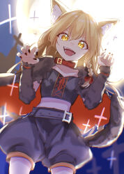 Rule 34 | :d, animal collar, animal ears, belt, big bad wolf, big bad wolf (cosplay), blonde hair, braid, breasts, cape, claw pose, collar, collarbone, commentary request, cosplay, crop top, detached sleeves, from below, grey shirt, grey shorts, halloween, highres, kirisame marisa, little red riding hood, long hair, midriff, moon, nail polish, night, open mouth, shirt, shorts, single braid, small breasts, smile, sparkle, sparkling eyes, tail, touhou, wolf ears, wolf tail, yellow eyes, yomogi 9392