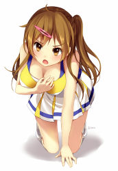 Rule 34 | &gt;:o, 10s, 1girl, :o, all fours, bare arms, bare shoulders, bison cangshu, blush, breasts, brown eyes, brown hair, cheerleader, chuunibyou demo koi ga shitai!, cleavage, hair ornament, hairclip, hand on own chest, large breasts, long hair, nibutani shinka, one side up, open mouth, ponytail, shirt, shoes, skirt, solo, v-shaped eyebrows