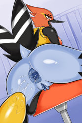Rule 34 | 1girl, ahegao, anus, ass, beak, bird, black eyes, blue background, blush, bottomless, breasts, butt plug, chair, clothes lift, constricted pupils, creatures (company), curtains, female focus, fletchinder, from behind, furry, furry female, game freak, gaping, gen 6 pokemon, highres, huge ass, indoors, looking up, medium breasts, nintendo, open mouth, personification, pokemon, pokemon (creature), pokemon xy, pussy, rolling eyes, sex toy, shadowill, shiny skin, shirt, shirt lift, simple background, sleeveless, sleeveless shirt, solo, spread anus, spread legs, tail, uncensored, yellow shirt