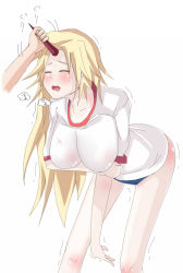 Rule 34 | 1girl, bad id, bad pixiv id, bent over, blonde hair, blouse, blush, breasts, female focus, gym uniform, hanging breasts, hornjob, horns, hoshiguma yuugi, huge breasts, impossible clothes, impossible shirt, long hair, ryouma (galley), shirt, single horn, solo, solo focus, touhou, trembling, uncommon stimulation, white shirt