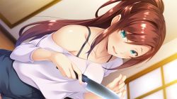 Rule 34 | 1girl, ayase hazuki, blue eyes, blush, breasts, female focus, from above, game cg, hands up, high ponytail, holding, holding knife, indoors, knife, koshimizu yuki, light blush, long hair, looking at viewer, medium breasts, off shoulder, open mouth, original, red hair, solo, standing, sugarkiss!