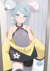 Rule 34 | 1boy, altaria, bare shoulders, blue eyes, blue hair, blush, bulge, commentary request, cosplay, creatures (company), crossdressing, facing viewer, game freak, gen 3 pokemon, grusha (pokemon), highres, inuyama sumisu, iono (pokemon), iono (pokemon) (cosplay), light blue hair, looking at viewer, male focus, mirror, nintendo, pokemon, pokemon (creature), pokemon sv, reflection, shiny clothes, solo, standing, sweat, sweatdrop, thick eyelashes, trap, upper body