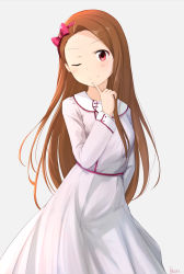 Rule 34 | 1girl, ;), asymmetrical bangs, basa rutan, blush, bow, brown hair, closed mouth, collared shirt, dress, grey background, hair bow, hairband, hand up, head tilt, highres, idolmaster, idolmaster (classic), index finger raised, long hair, long sleeves, minase iori, one eye closed, pink dress, red bow, red eyes, red hairband, shirt, signature, smile, solo, v-shaped eyebrows, very long hair, white shirt