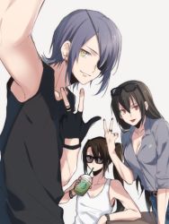 Rule 34 | 10s, 3girls, bad id, bad twitter id, black hair, breasts, casual, cleavage, coffee, coffee cup, cup, disposable cup, drinking, drinking straw, eyepatch, eyewear on head, fingerless gloves, flat chest, gloves, jewelry, kantai collection, leaning, long hair, multiple girls, nachi (kancolle), nagato (kancolle), no bra, open clothes, open shirt, purple hair, red eyes, ring, shirt, short hair, side ponytail, simple background, sleeves rolled up, small breasts, smile, sunglasses, tenryuu (kancolle), tongue, tongue out, v, yellow eyes, yue teitoku
