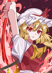 1girl ascot blonde_hair burumiru crystal_wings fire flandre_scarlet hand_up hat hat_ribbon highres laevatein_(touhou) mob_cap open_mouth red_background red_eyes red_ribbon ribbon solo touhou upper_body white_hat yellow_ascot