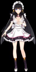 Rule 34 | 1girl, absurdres, ahoge, apron, bare legs, black footwear, black hair, blue eyes, boots, breasts, cleavage, closed mouth, frilled apron, frills, full body, hair ornament, hand on own chest, highres, large breasts, long hair, looking at viewer, madi (master of eternity), maid, maid apron, maid headdress, master of eternity, official art, pocket, smile, solo, straight-on, straight hair, tachi-e, third-party source, transparent background, very long hair, white wrist cuffs, wrist cuffs