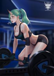 Rule 34 | 1girl, arknights, black gloves, black sports bra, blush, breasts, cleavage, elbow pads, exercising, gloves, green hair, gym, gym shorts, hair between eyes, highres, horns, hoshiguma (arknights), indoors, jangsunyo, large breasts, long hair, looking afar, navel, open mouth, shorts, sidelocks, single horn, skin-covered horns, solo, sports bra, stomach, sweat, tank top, toned, weightlifting, weights, yellow eyes