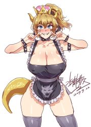 Rule 34 | 1girl, 2019, apron, armlet, bad id, bad twitter id, black apron, black thighhighs, blonde hair, blue eyes, blush, bowser logo, bowsette, bracelet, breasts, cleavage, covered erect nipples, cowboy shot, crown, dated, earrings, fang, female focus, gluteal fold, grin, hair between eyes, horns, huge breasts, jewelry, mario (series), mizuryu kei, naked apron, nintendo, pointy ears, ponytail, simple background, skindentation, smile, solo, spiked armlet, spiked bracelet, spikes, standing, tail, thighhighs, white background, wrist cuffs