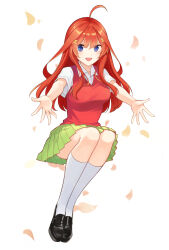 Rule 34 | 1girl, absurdres, ahoge, bare arms, bare legs, black footwear, blue eyes, breasts, collared shirt, falling petals, go-toubun no hanayome, green skirt, hair ornament, highres, kneehighs, legs together, loafers, long hair, looking at viewer, meijin kusano, nakano itsuki, open mouth, outstretched arms, petals, pleated skirt, red hair, red vest, school uniform, shirt, shoes, short sleeves, skirt, smile, socks, star (symbol), star hair ornament, vest, white background, white shirt, white socks, yellow star