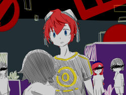Rule 34 | aiba takumi, blue eyes, digimon, goggles, goggles on head, highres, looking at another, red hair, sad, short hair