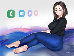 Rule 34 | 1girl, barefoot, black shirt, blue eyes, blue nails, blue pants, breasts, brown hair, closed mouth, commentary, commentary request, easonx, english commentary, feet, from side, full body, highres, icon (computing), large breasts, legs, long hair, long sleeves, looking at viewer, medium hair, mixed-language commentary, mole, mole under eye, nail polish, pants, samsung, samsung sam, shirt, signature, sitting, smile, soles, solo, toenail polish, toenails, toes, watch, wristwatch