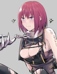 Rule 34 | 1boy, 1girl, albel nox, black thighhighs, blush, breasts, cleavage, closed mouth, grel (r6hgvu5), large breasts, nel zelpher, purple eyes, red hair, scarf, short hair, simple background, star ocean, star ocean till the end of time, tattoo, thighhighs, torn clothes, torn thighhighs