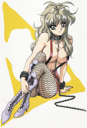 Rule 34 | 1980s (style), absurdres, chain, collar, cuffs, high heels, highres, mon-mon (miyazaki kenjin), naked suspenders, official art, retro artstyle, pantyhose, retro artstyle, silver hair, suspenders, topless, whip