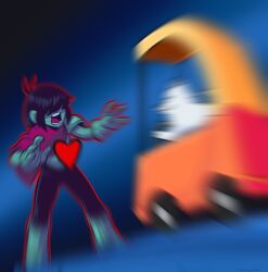 Rule 34 | 1other, angusburgers, animal, annoying dog, antenna hair, armor, black hair, blue background, blue hair, blue skin, blurry, colored skin, commentary request, cozy coupe, deltarune, dog, driving, full body, gloves, hair over eyes, heart, highres, imminent death, kris (deltarune), little tikes, open mouth, pants, purple scarf, scarf, short hair, simple background, spoilers, standing, teeth