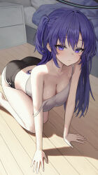 Rule 34 | 1girl, absurdres, all fours, bed, bed sheet, black shorts, blue archive, blush, camisole, closed mouth, damcheong, floor, grey camisole, hair between eyes, halo, highres, indoors, long hair, mechanical halo, pillow, purple eyes, purple hair, shorts, solo, two side up, yuuka (blue archive)