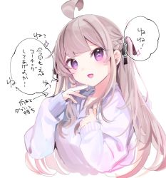 Rule 34 | + +, 1girl, :d, ahoge, blush, braid, brown hair, chikuwa., commentary request, cropped torso, hands up, highres, hood, hood down, hoodie, long hair, long sleeves, open mouth, original, puffy long sleeves, puffy sleeves, purple eyes, purple hoodie, simple background, sleeves past wrists, smile, solo, translation request, two side up, upper body, very long hair, white background