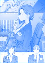 Rule 34 | 1boy, 1girl, between breasts, blouse, blue theme, breasts, business suit, cleavage, coffee mug, collarbone, commentary request, cup, ear piercing, faceless, faceless male, formal, getsuyoubi no tawawa, hair ornament, hair tie, hairclip, highres, himura kiseki, kouhai-chan (tawawa), large breasts, lipstick, makeup, mug, necktie, office lady, piercing, senpai (tawawa), shirt, short hair, suit, swept bangs, table, tongue, tongue out