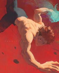 Rule 34 | 1boy, black pants, highres, itadori yuuji, jujutsu kaisen, looking at viewer, male focus, muscular, muscular male, pants, qxq illus, red background, scar, scar on face, short hair, solo, topless male, undercut