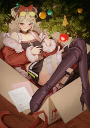 Rule 34 | 1girl, absurdres, alter sang, balisong, bell, black footwear, black skirt, boots, box, bullpup, cardboard box, christmas ornaments, christmas tree, collarbone, eyewear on head, girls&#039; frontline, gun, hair bell, hair bun, hair ornament, high heel boots, high heels, highres, in box, in container, jingle bell, knife, light brown hair, looking at viewer, miniskirt, official alternate costume, open mouth, p90, p90 (girls&#039; frontline), p90 (scarlet turbo) (girls&#039; frontline), red eyes, short hair, skirt, smile, solo, submachine gun, sunglasses, thigh boots, tinted eyewear, weapon, yellow-tinted eyewear