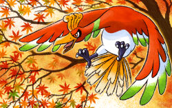 animal_focus autumn autumn_leaves bird claws commentary_request creatures_(company) full_body game_freak gen_2_pokemon ho-oh leaf legendary_pokemon maple_leaf nintendo no_humans open_mouth pokemon pokemon_(creature) red_eyes solo taiyakineco tongue tongue_out