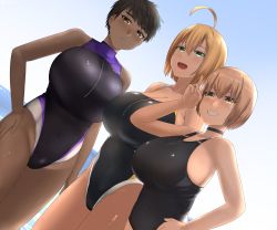 Rule 34 | 3girls, absurdres, ahoge, blonde hair, bob cut, breasts, brown eyes, brown hair, choker, competition swimsuit, cowboy shot, dark-skinned female, dark skin, front zipper swimsuit, green eyes, highleg, highres, huge breasts, looking at viewer, meme attire, mole, mole under mouth, multiple girls, nao (ritsancrossover), one-piece swimsuit, open mouth, original, short hair, sleeveless, swimsuit, very short hair, yellow eyes