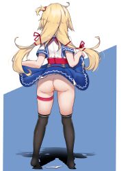 Rule 34 | 1girl, absurdres, akai haato, ass, bandaid, bandaid on pussy, black thighhighs, blonde hair, blue background, blue skirt, clothes lift, from behind, full body, hair ribbon, highres, hololive, johnny (braun-kan cafe), lifting own clothes, long hair, one side up, panties, red ribbon, ribbon, shirt, short sleeves, skirt, skirt lift, solo, standing, strap, thighhighs, two-tone background, underwear, unworn panties, virtual youtuber, white background, white shirt