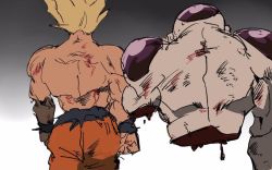Rule 34 | 2boys, back turned, blonde hair, blood, commentary request, dragon ball, dragonball z, flying, frieza, gradient background, grey background, imamuu (imamoon), injury, male focus, multiple boys, out of frame, short hair, simple background, son goku, spiked hair, standing, super saiyan, super saiyan 1, topless male, twitter username, two-tone background, white background, wristband