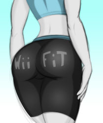 Rule 34 | 1girl, ass, ass focus, back, bike shorts, close-up, clothes writing, colored skin, copyright name, female focus, head out of frame, highres, huge ass, lilmissjay, midriff, nintendo, sketch, skin tight, solo, spandex, super smash bros., tank top, white skin, wii fit, wii fit trainer, wii fit trainer (female)