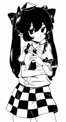 Rule 34 | 1girl, breasts, checkered clothes, checkered skirt, greyscale, hat, himekaidou hatate, long hair, looking at viewer, maguro (mawaru sushi), monochrome, pointy ears, short sleeves, simple background, skirt, small breasts, solo, tokin hat, touhou, twintails, white background