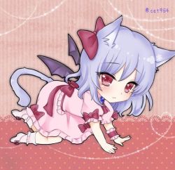 Rule 34 | 1girl, all fours, animal ears, ascot, bat wings, blue hair, bow, brooch, cat ears, cat tail, eyebrows, full body, hair bow, heart, heart of string, ichinose aki, jewelry, kemonomimi mode, looking at viewer, lowres, pink background, pink footwear, pink shirt, pink skirt, puffy short sleeves, puffy sleeves, red bow, red eyes, remilia scarlet, shirt, shoes, short hair, short sleeves, single wrist cuff, skirt, solo, tail, touhou, twitter username, wings, wrist cuffs