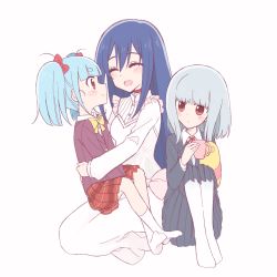 Rule 34 | 3girls, :d, ^ ^, age difference, blazer, blue hair, blush stickers, bow, bowtie, choker, commentary request, cup, dress, closed eyes, flip flappers, hair bow, holding, holding cup, hug, jacket, light blue hair, long hair, long skirt, mimi (flip flappers), mug, multiple girls, no shoes, nyunyu, open mouth, pantyhose, plaid, plaid skirt, pleated skirt, red bow, red choker, red eyes, red neckwear, red ribbon, ribbon, school uniform, silver hair, simple background, sitting, sitting on lap, sitting on person, skirt, smile, socks, sou (mgn), twintails, white background, white dress, white legwear, yellow bow, yellow neckwear, yuyu (flip flappers)