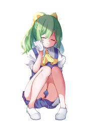Rule 34 | 1girl, ascot, benia08, blue dress, bow, closed eyes, closed mouth, collared shirt, commentary request, cookie (touhou), daiyousei, diyusi (cookie), dress, expressionless, full body, gloves, green hair, hair bow, loafers, long hair, pinafore dress, ponytail, puffy short sleeves, puffy sleeves, shirt, shoes, short sleeves, simple background, sleeveless dress, solo, squatting, thighs, touhou, white background, white footwear, white gloves, white shirt, yellow ascot, yellow bow