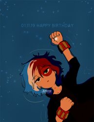 Rule 34 | 1boy, artist name, black eyes, blue background, boku no hero academia, burn scar, commentary, english commentary, english text, hair between eyes, happy birthday, jeanini, looking at viewer, lying, male focus, multicolored hair, on back, red hair, scar, scar on face, short hair, solo, split-color hair, star (sky), todoroki shouto, two-tone hair, upper body, white hair, wristband