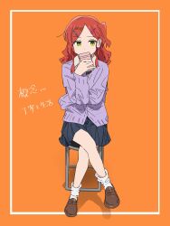 Rule 34 | 1girl, black skirt, bocchi the rock!, chair, commentary request, crossed legs, folding chair, full body, green eyes, hair ornament, hairclip, highres, kerorira, kita ikuyo, loafers, long hair, loose socks, one side up, orange background, parted bangs, red hair, shoes, sitting, skirt, socks, solo, translation request