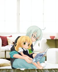 Rule 34 | 1boy, 1girl, aged down, backlighting, barefoot, black dress, blonde hair, book, bow, braid, child, couch, dress, glasses, hair bow, indian style, kirisame marisa, morichika rinnosuke, on floor, open book, pants, pillow, puffy sleeves, reading, shirt, short sleeves, silver hair, single braid, sitting, sitting on lap, sitting on person, sleeves rolled up, smile, table, touhou, window, yakimochi, yellow eyes