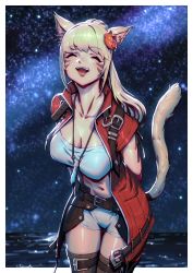 Rule 34 | 1girl, animal ears, arms behind back, bandeau, belt, blonde hair, breasts, cat ears, cat tail, cleavage, closed eyes, commission, facial mark, fang, final fantasy, final fantasy xiv, flower, hair flower, hair ornament, highres, jacket, kionaoki, leaning forward, long hair, medium breasts, midriff, miqo&#039;te, navel, night, open clothes, open jacket, open mouth, shorts, skeb commission, sky, solo, star (sky), starry sky, tail, thighhighs, warrior of light (ff14), water, whisker markings
