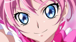 Rule 34 | 1girl, anime coloring, blue eyes, blurry, blurry background, closed mouth, cure melody, damascus (dearigazu2001), earrings, hair between eyes, heart, heart earrings, highres, houjou hibiki, jewelry, looking at viewer, pink background, pink hair, portrait, precure, smile, solo, suite precure
